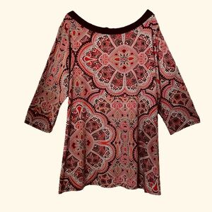 Last 5th Red Black Sz 2X Boho Moroccan Medallion Top 3/4 Sleeve Swing Tunic